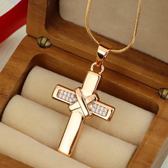 "Rose Gold Cross Pendant with Crystal Detail and Polished Finish, XPPT1484 - Picture 1 of 13